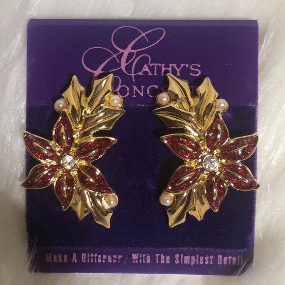 Red & Gold Poinsettia Earrings - Picture 2 of 5